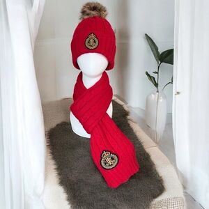 Vintage Ralph Lauren Pom Pom Cable Knit Logo Patch Red Beanie Hat Scarf Set
